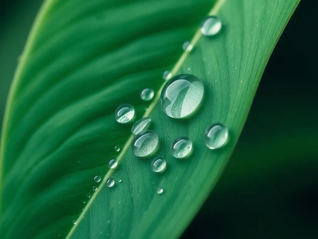 A macro photography of a green leaf with water droplets, rep