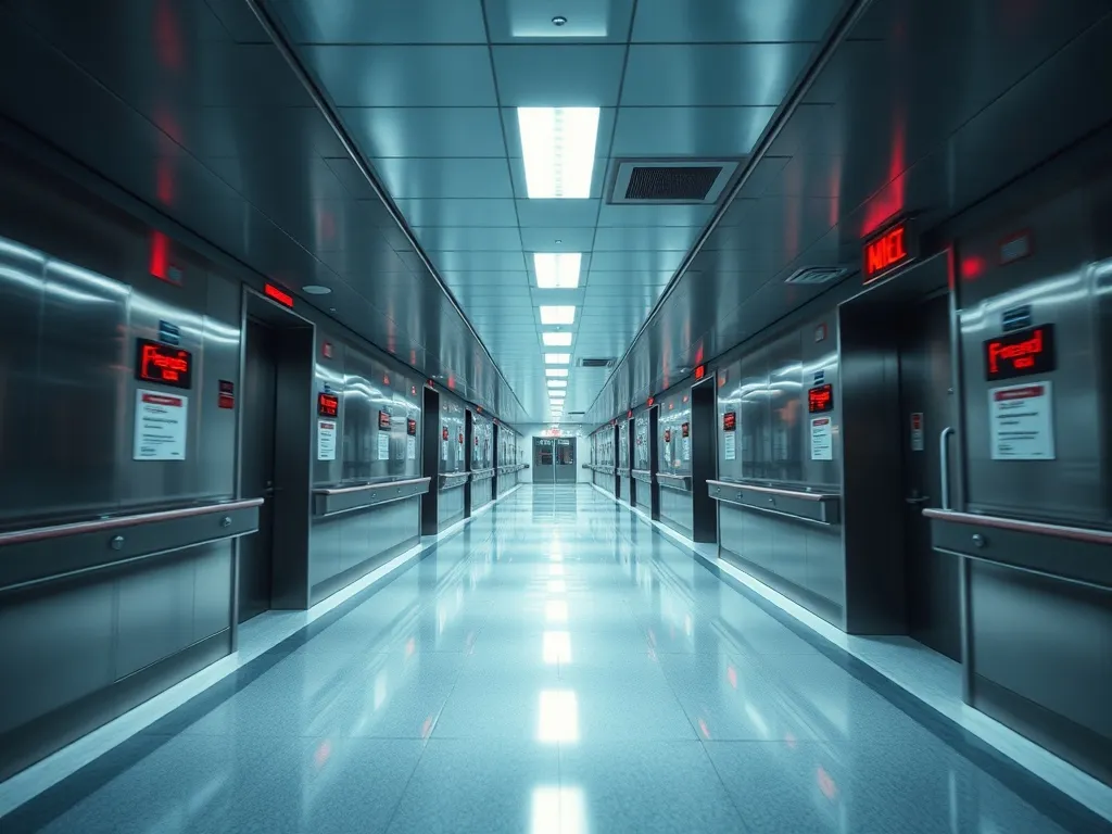 A high-tech modern hospital emergency room hallway with clea