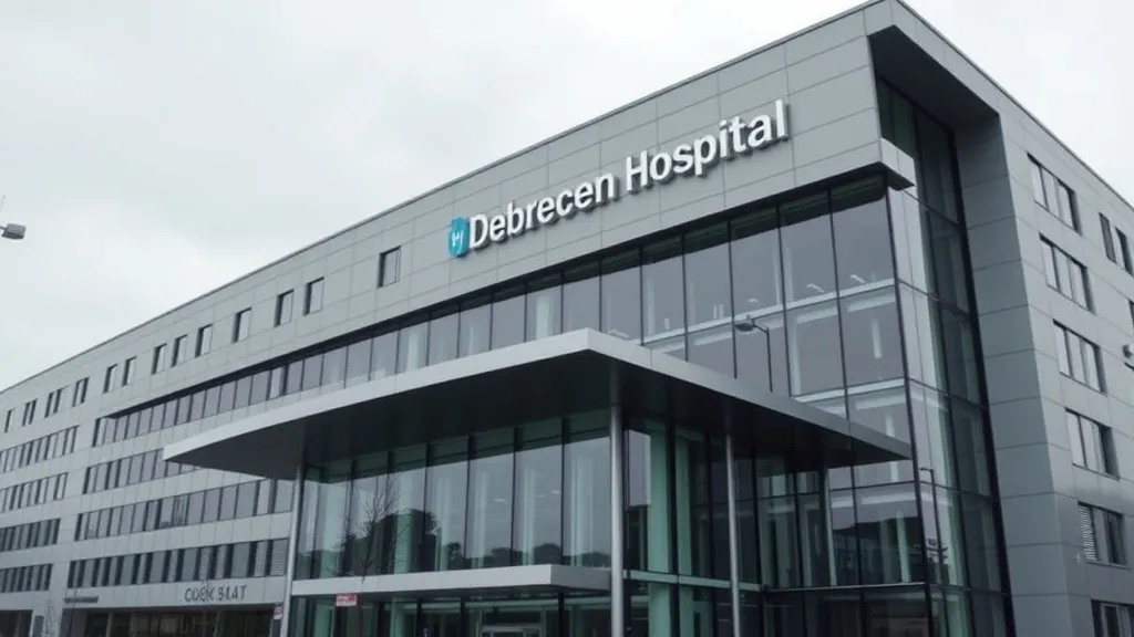 Modern hospital building in Debrecen, sleek architecture, st