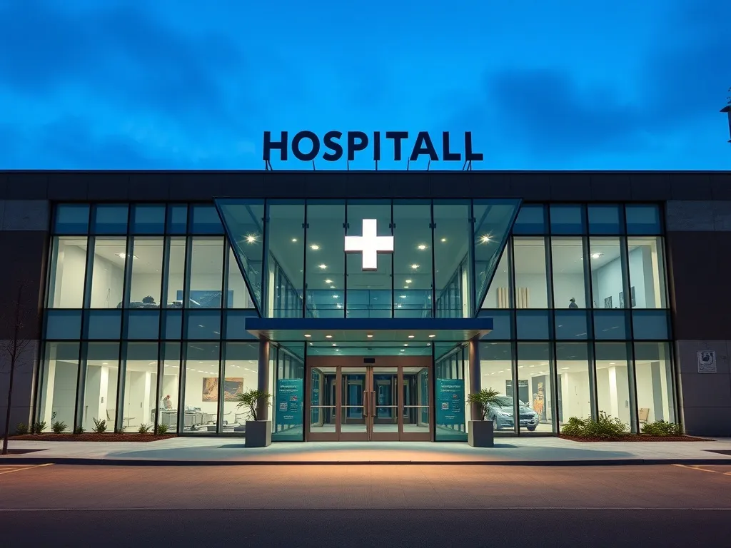 External shot of a modern glass and steel hospital entrance