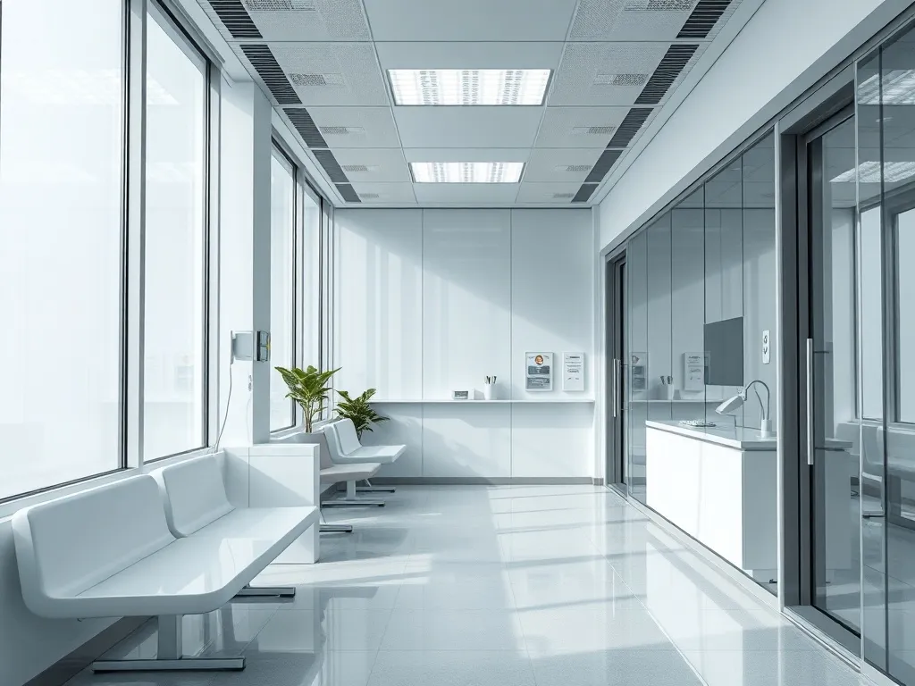 Modern private medical clinic interior with clean steel and